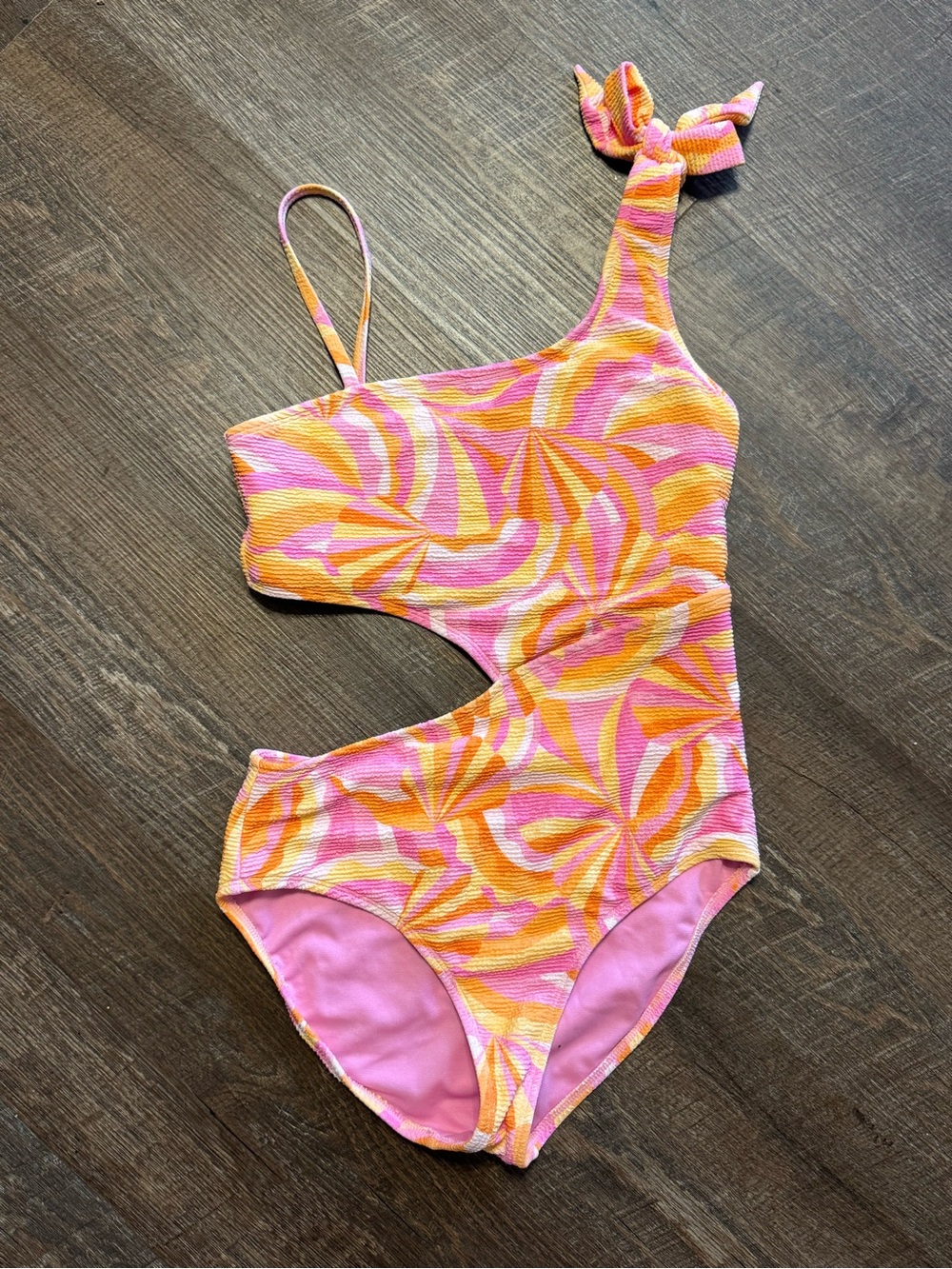Sz 16 GB Girls Swim Pink & Orange One-Shoulder Summer Swimsuit with Cutout
